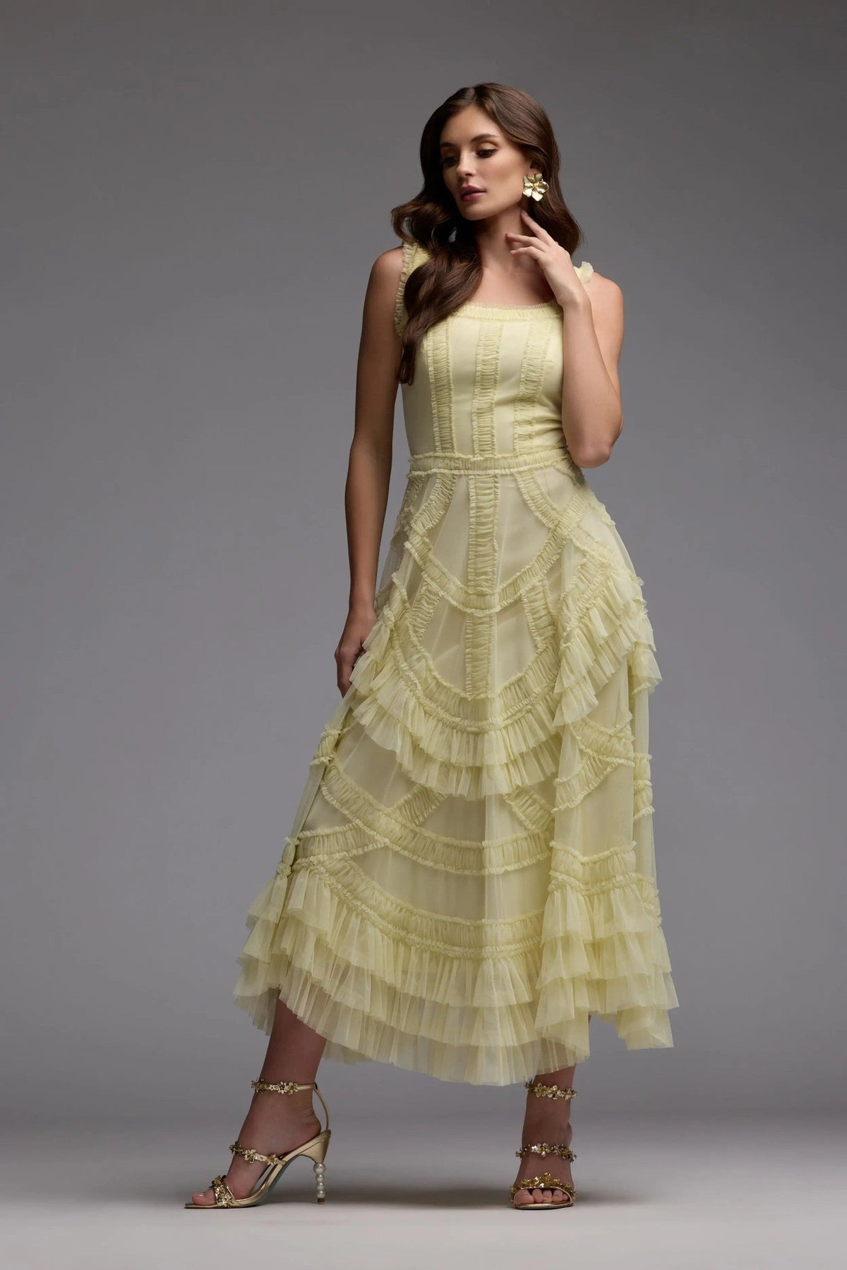 Buttercup Scoop Neck Sleeveless Micro Ruffle Midi Dress