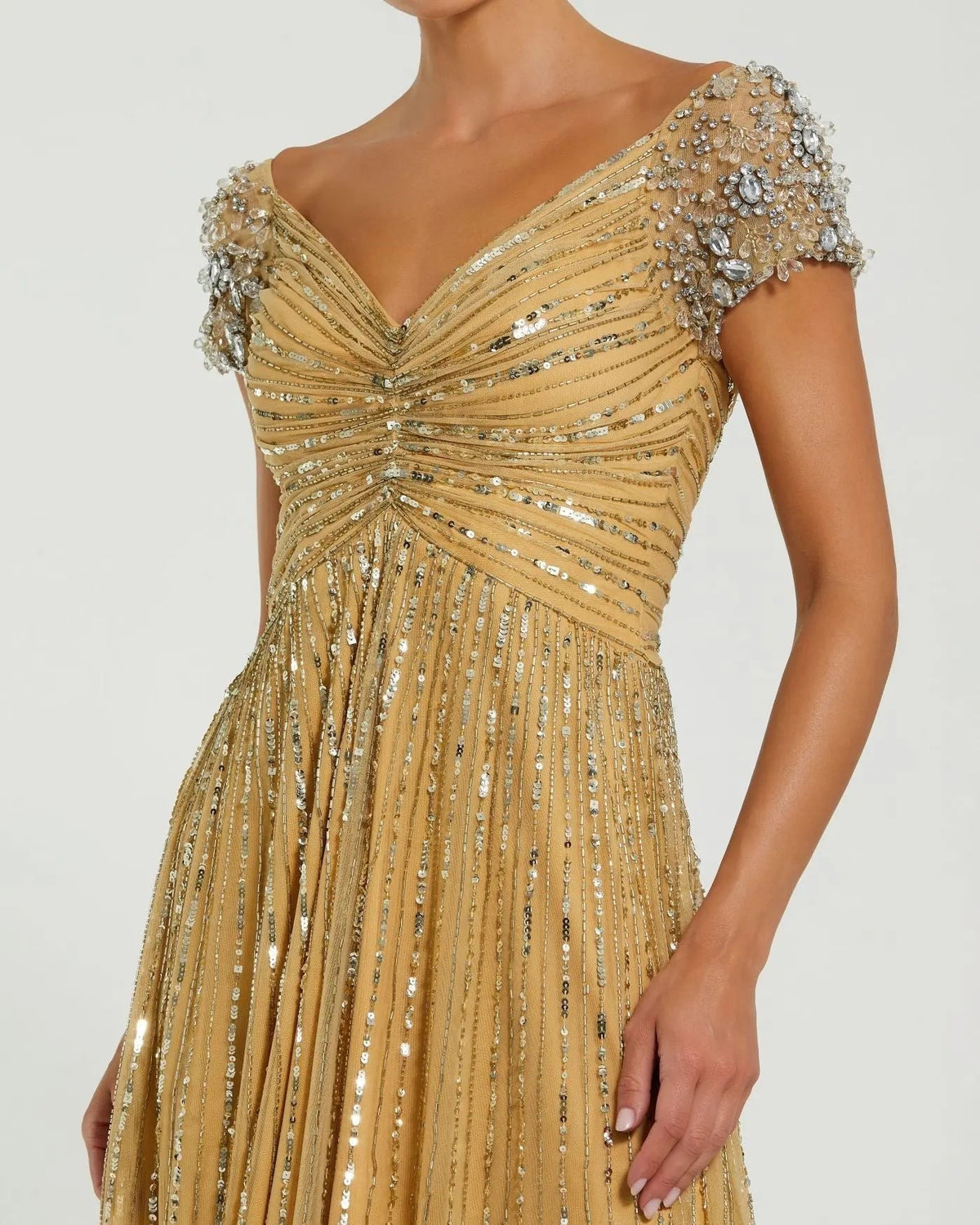 Gold Embellished V-Neck Cap Sleeve Gown