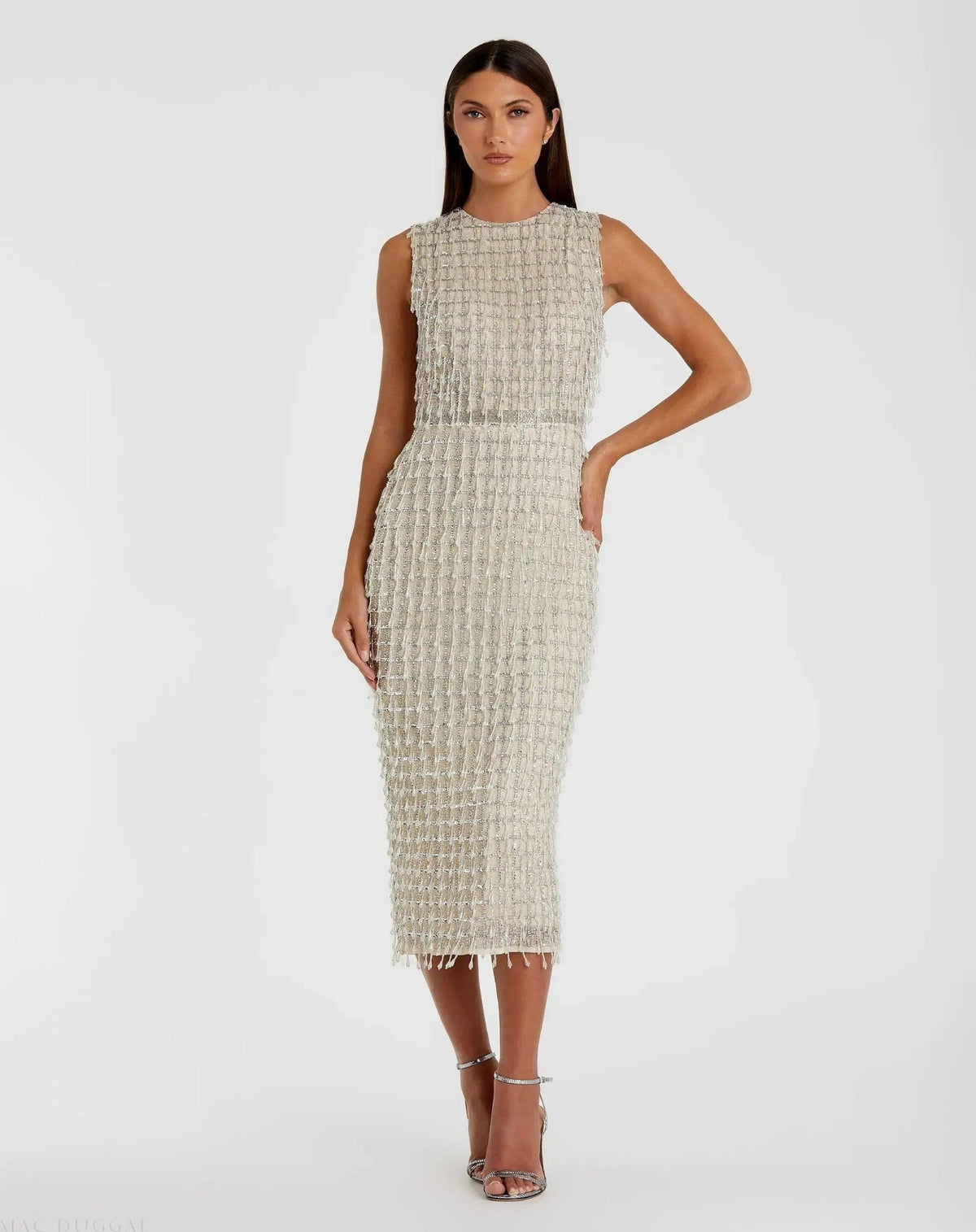 Beige Sleeveless High Neck Beaded Midi Sheath Dress