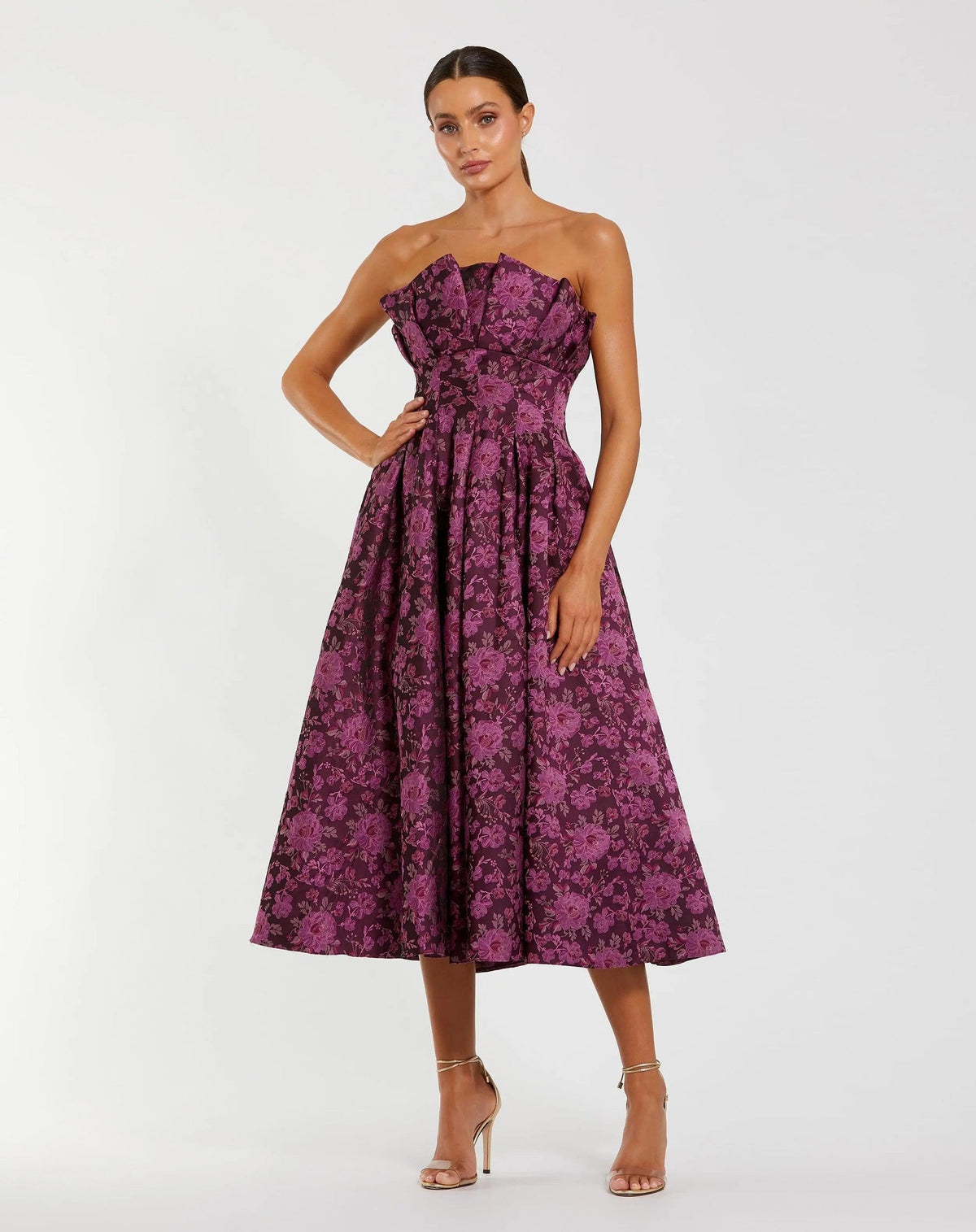 Purple Strapless Floral Brocade A-line Midi Dress