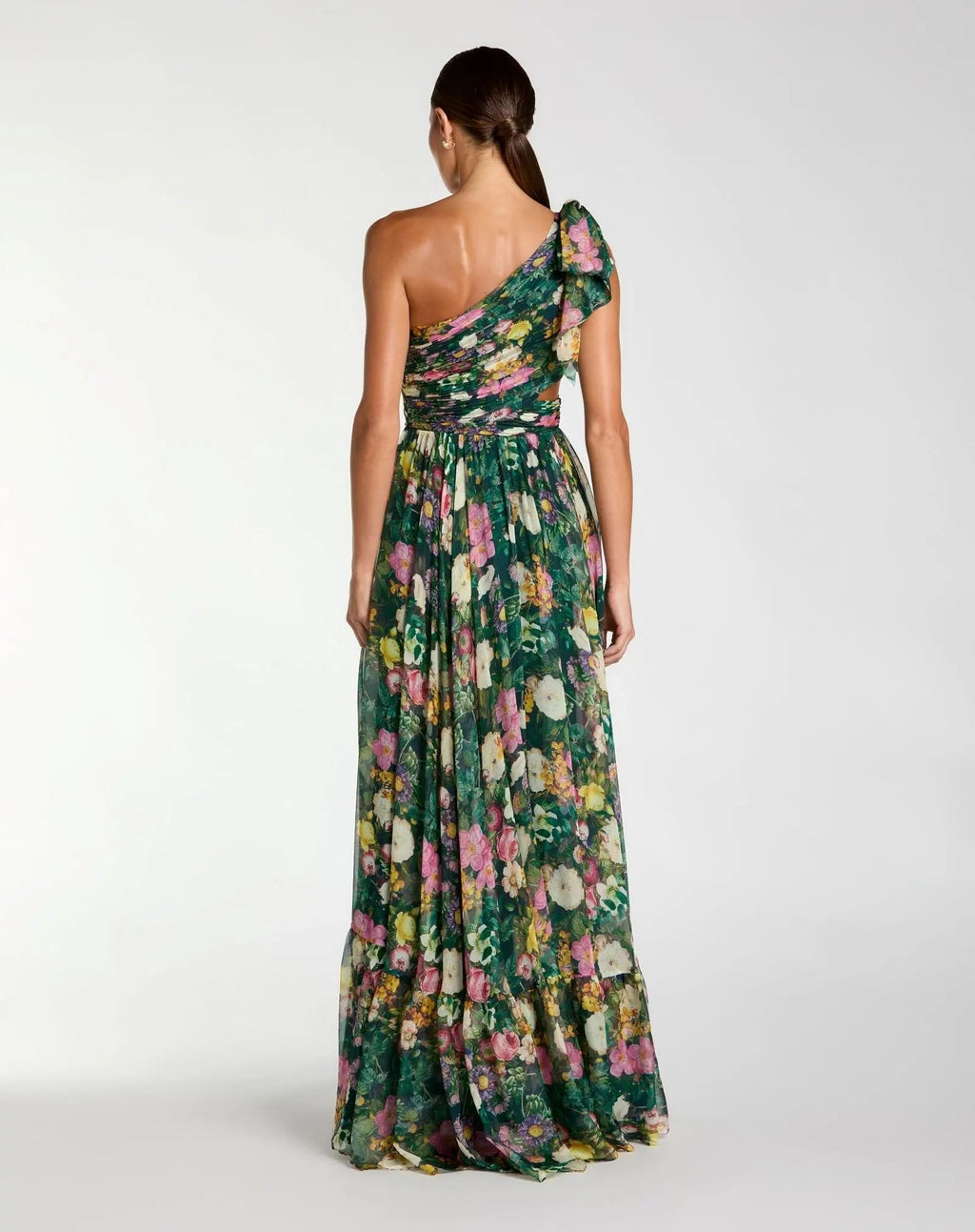 Deep Green Multi Floral Chiffon One Shoulder Cut Out Gown
