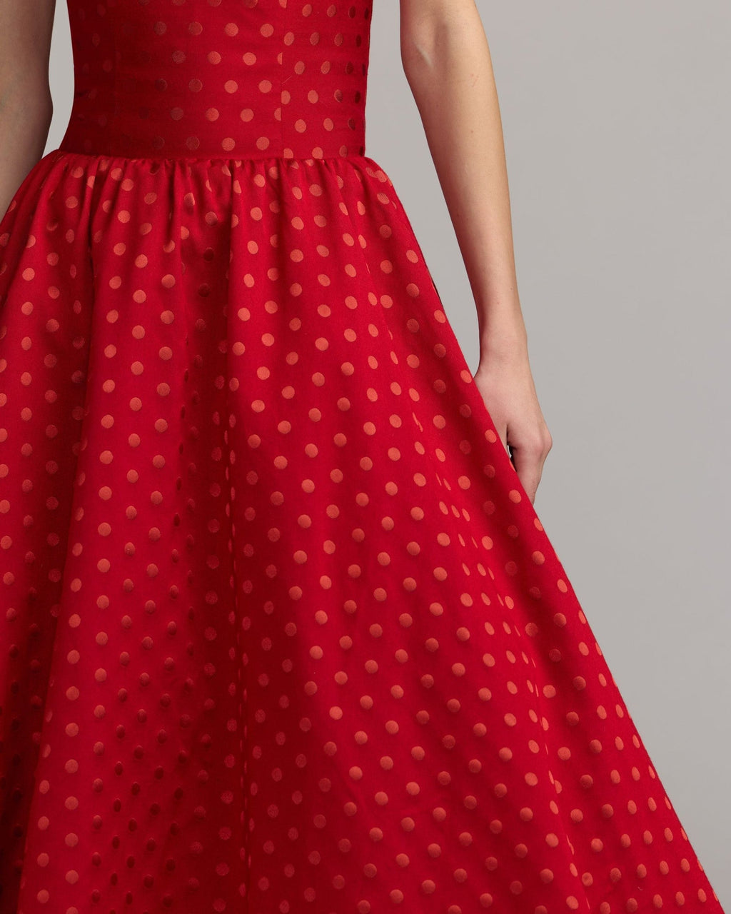 Red Multi Strapless Polka Dot Brocade Midi Dress