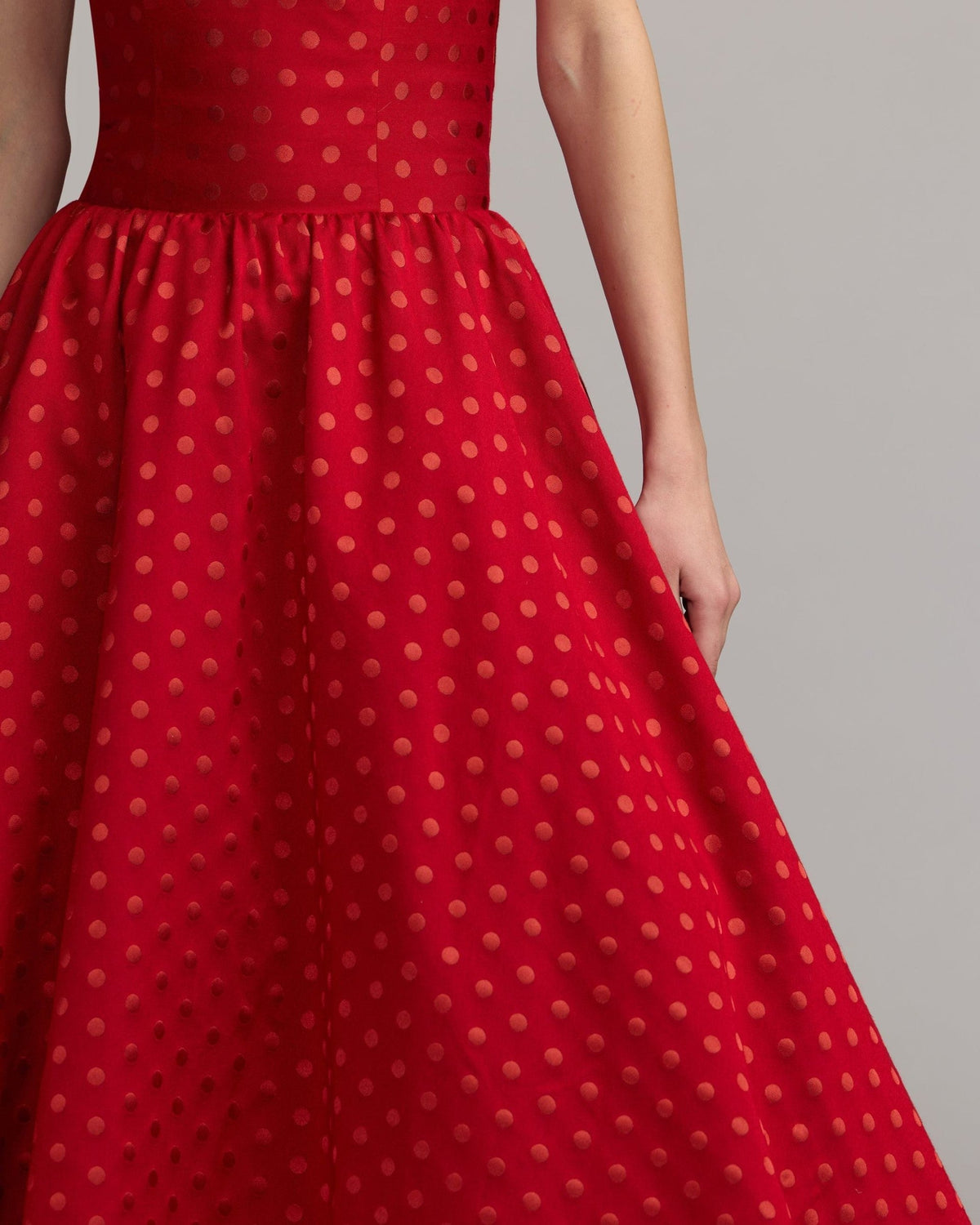 Red Multi Strapless Polka Dot Brocade Midi Dress
