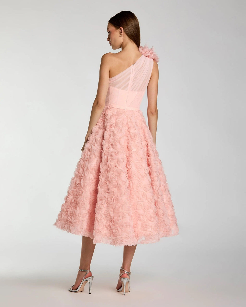 Blush One Shoulder 3D Floral Rosette Midi Dress