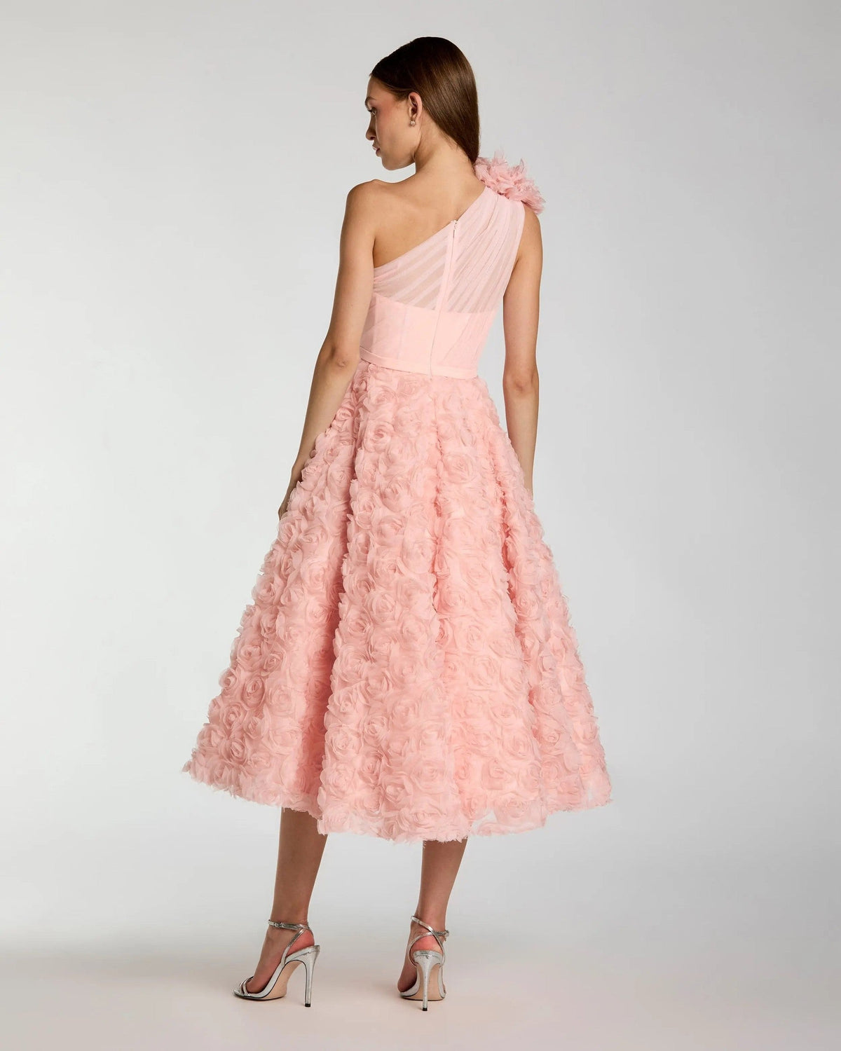 Blush One Shoulder 3D Floral Rosette Midi Dress