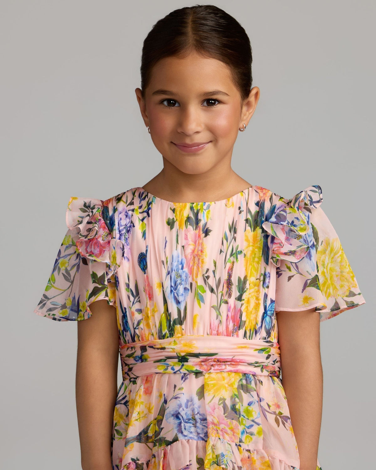 Girls Pink Multi Floral Chiffon Tiered Ruffle Dress