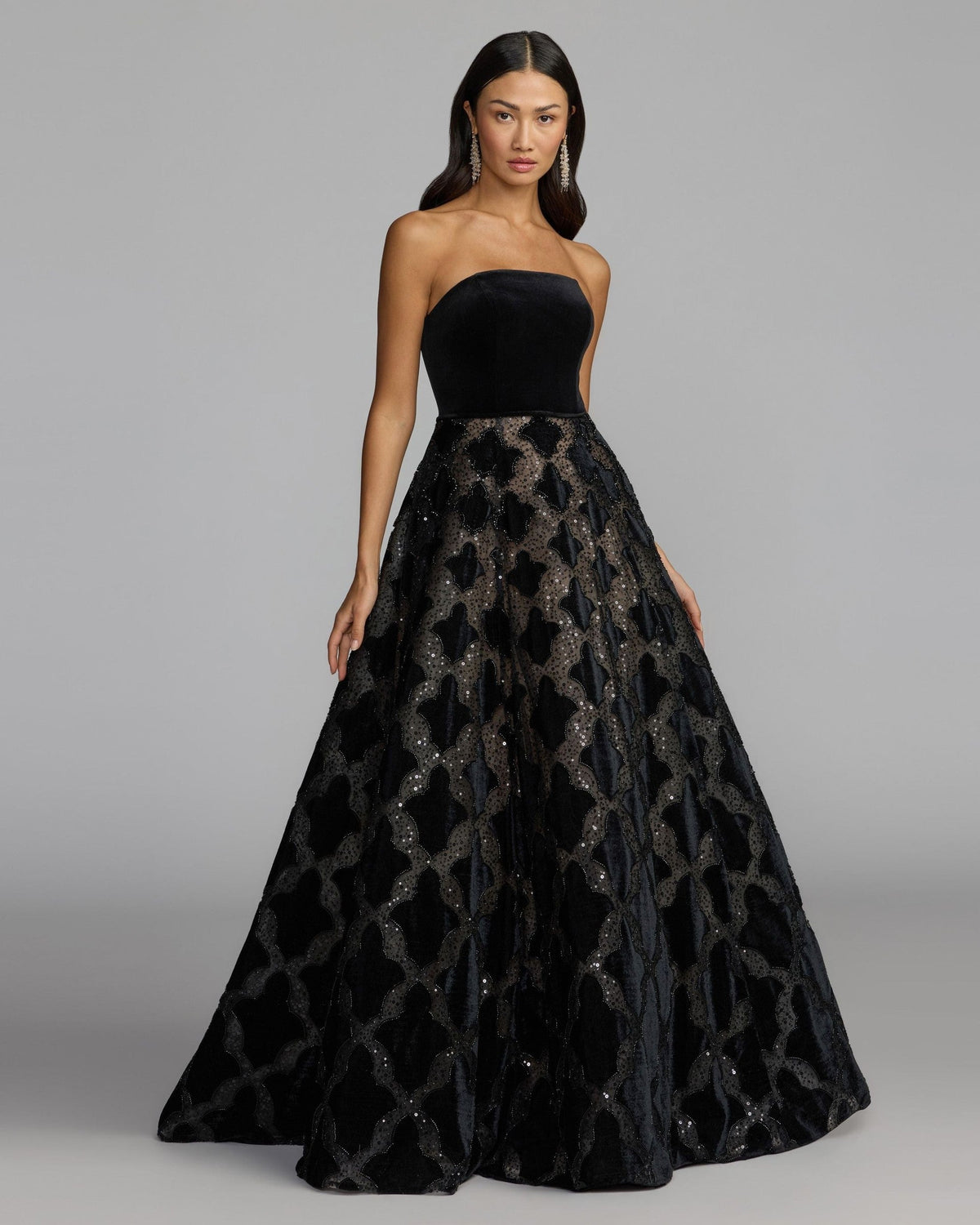 Black Strapless Velvet Bodice Embellished Ball Gown