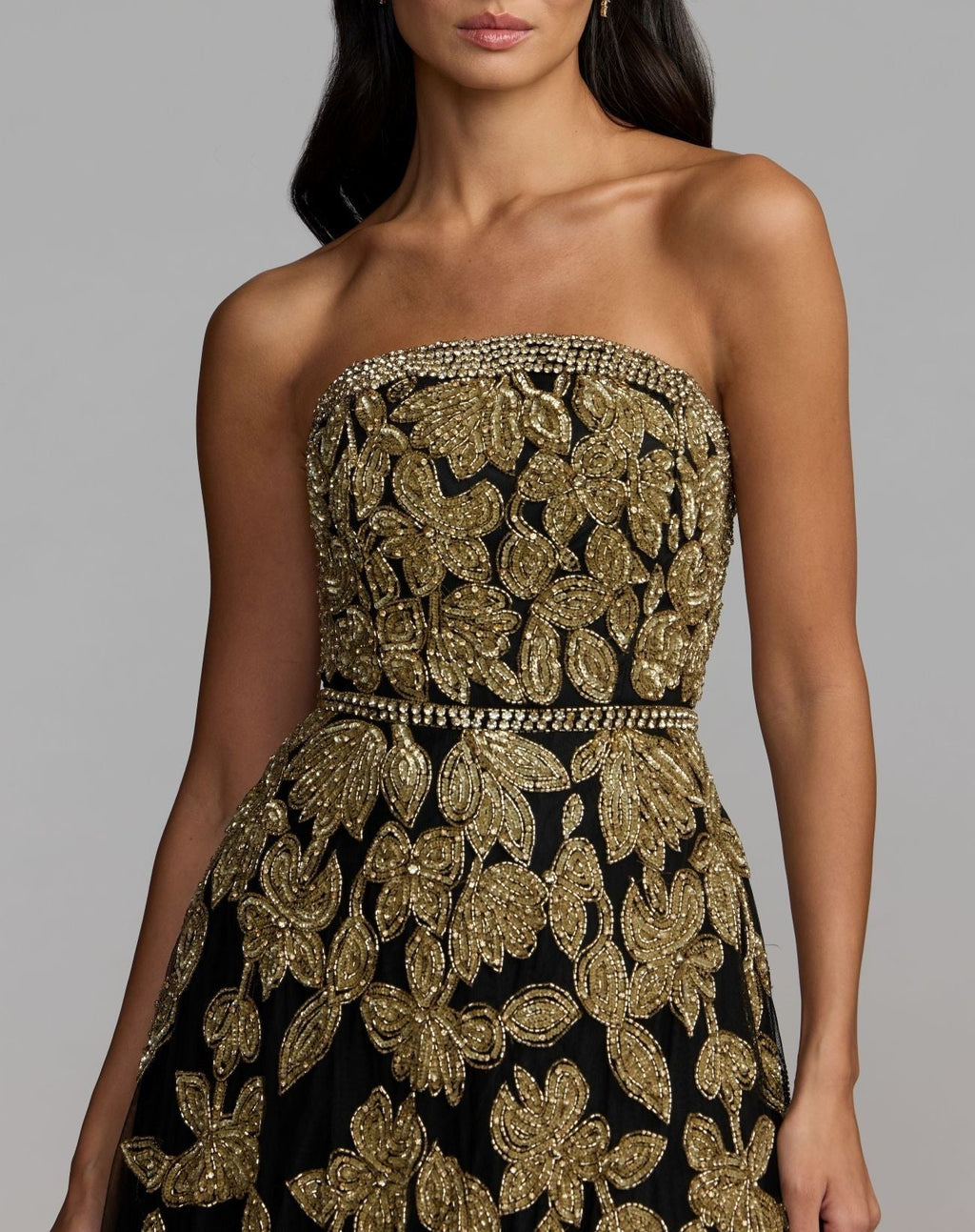 Black Gold Floral Embellished Strapless A-Line Gown