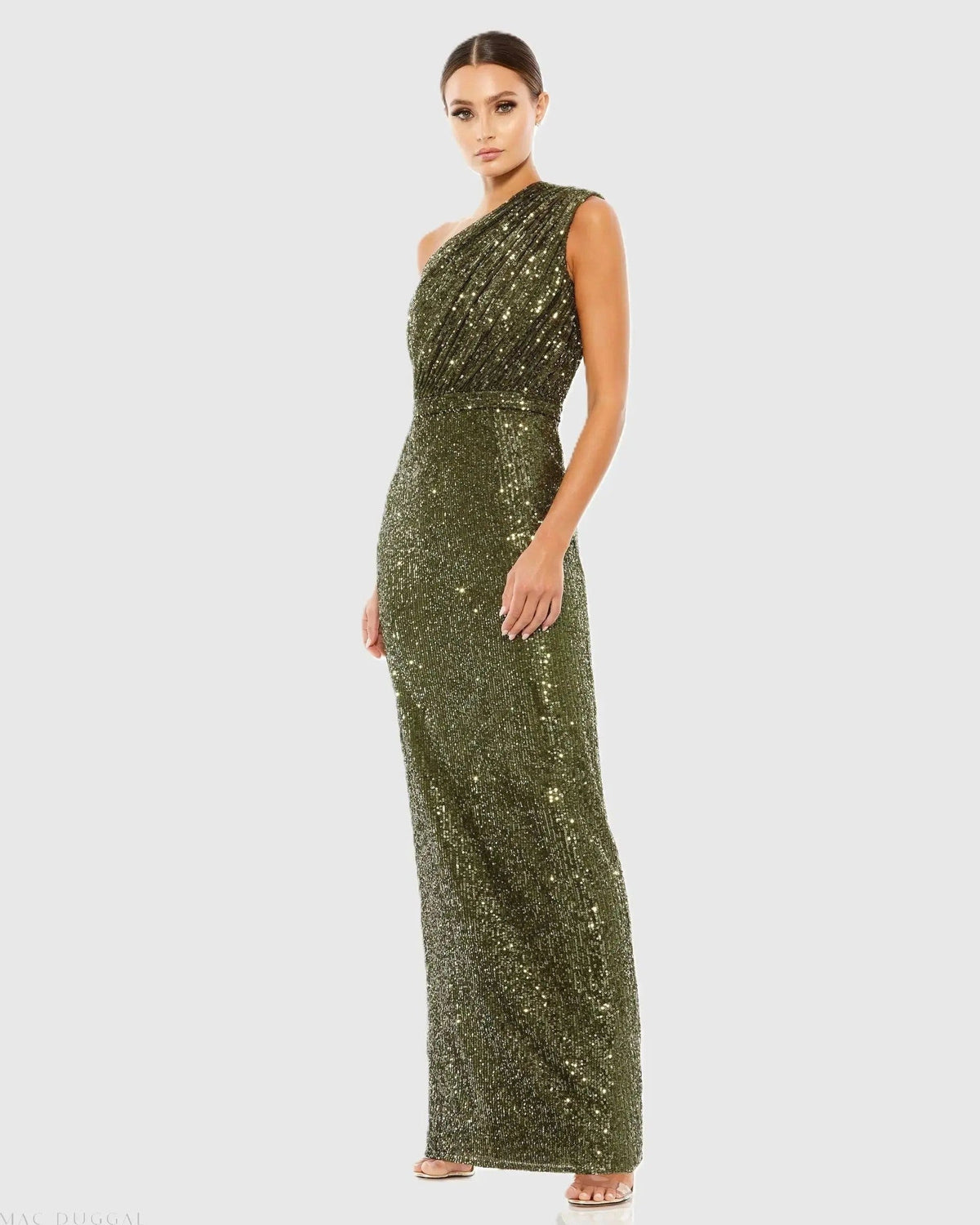 Olive Sequined Ruched One Shoulder Gown