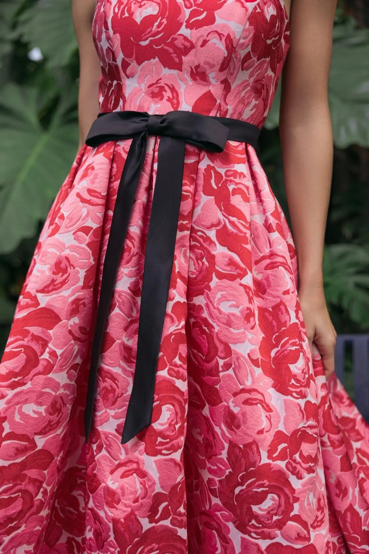 Red Floral Strapless Brocade Midi Dress With Bow