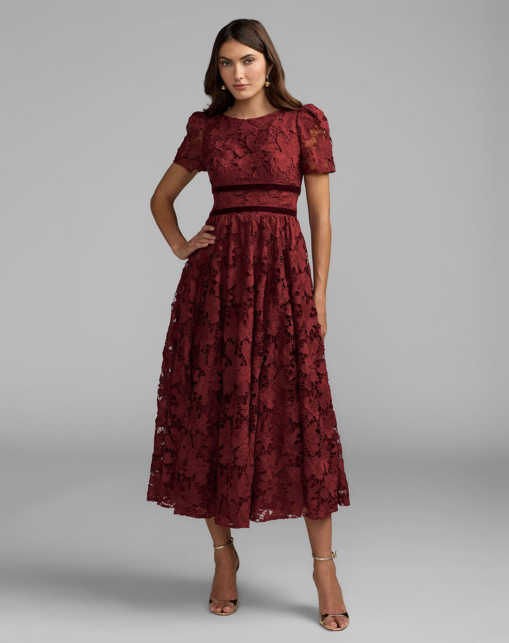 Burgundy A-Line Short Sleeve Lace Midi Dress