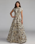 Silver Floral Brocade Cap Sleeve Ball Gown