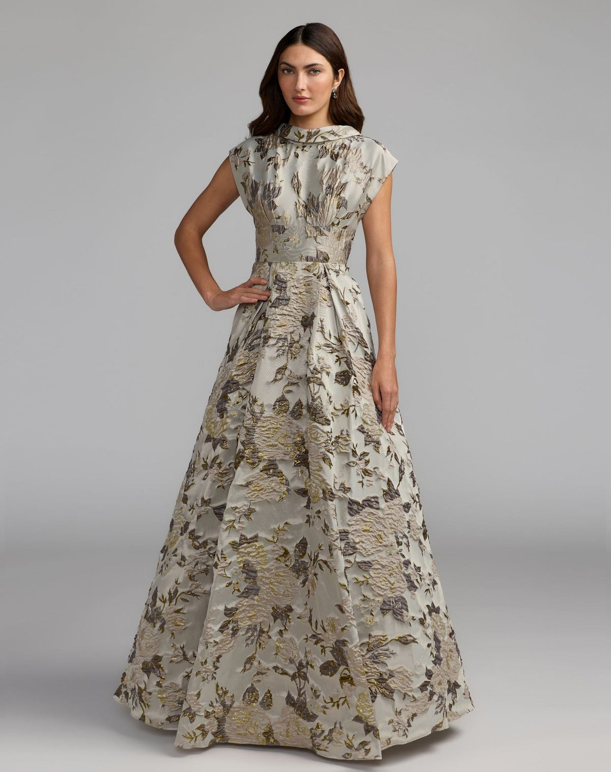 Silver Floral Brocade Cap Sleeve Ball Gown