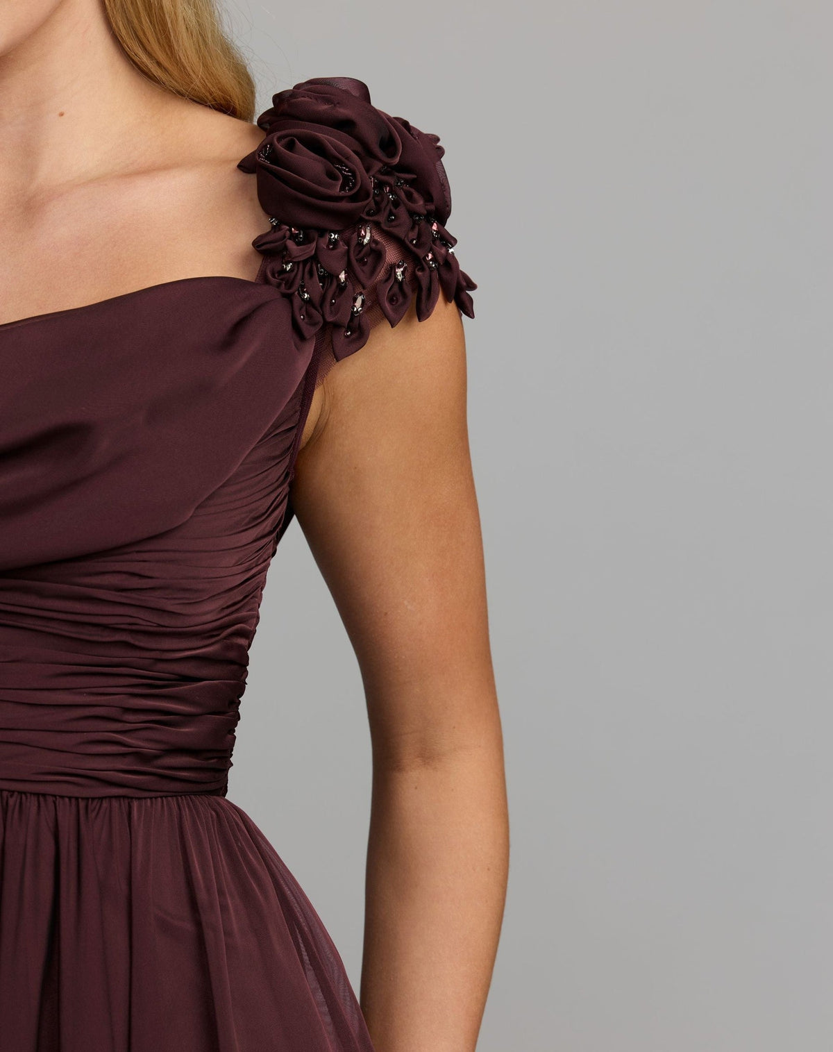 Amethyst Chiffon Cowl Neck Embellished Cap Sleeve Gown