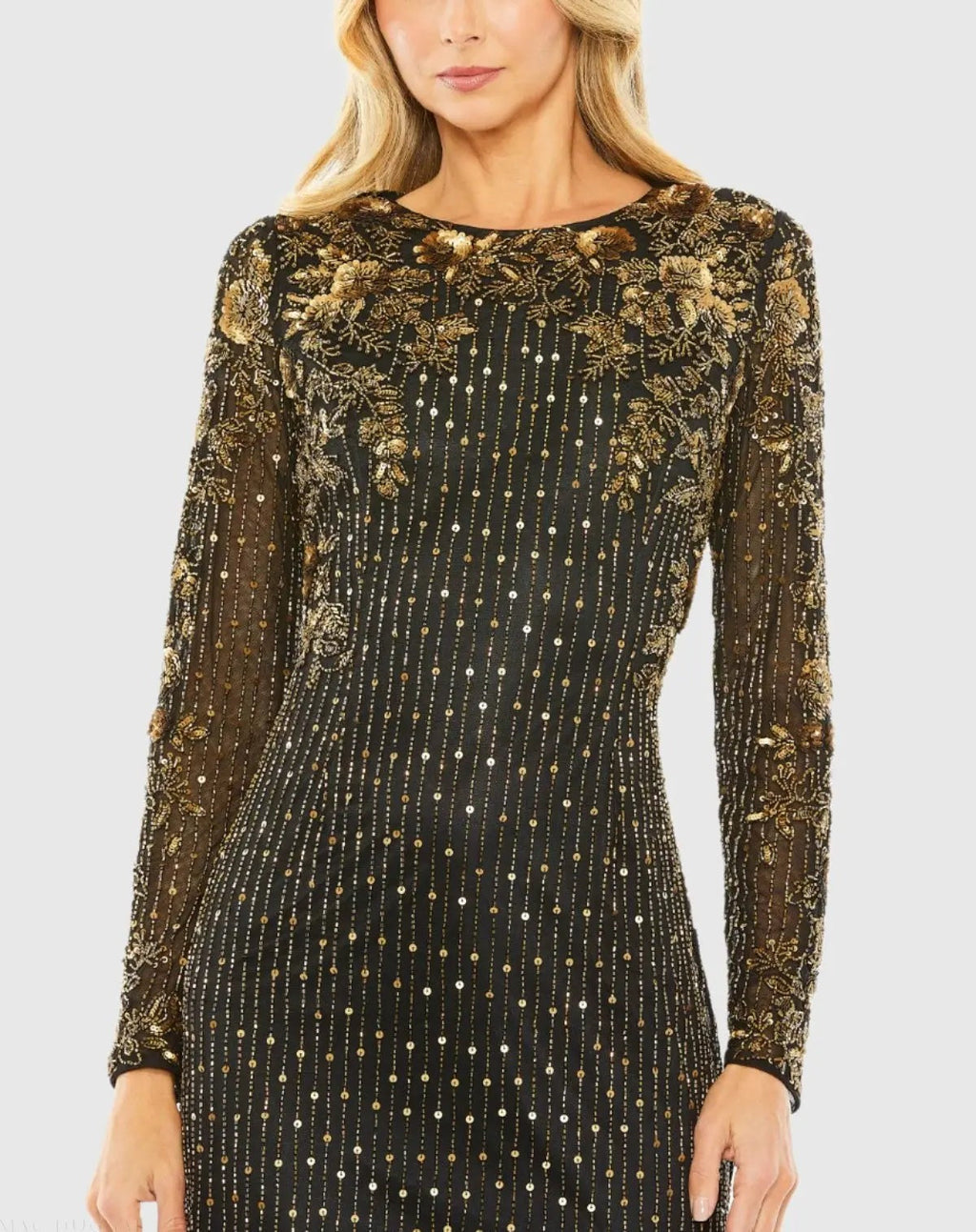 Black High Neck Long Sleeve Embellished Gown