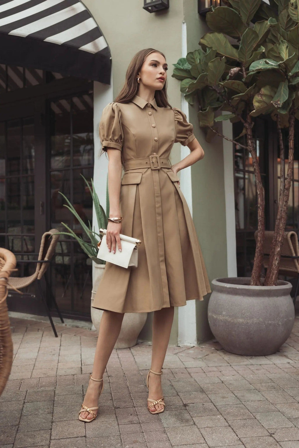 Taupe Puff Sleeve Belted Midi Shirt Dress