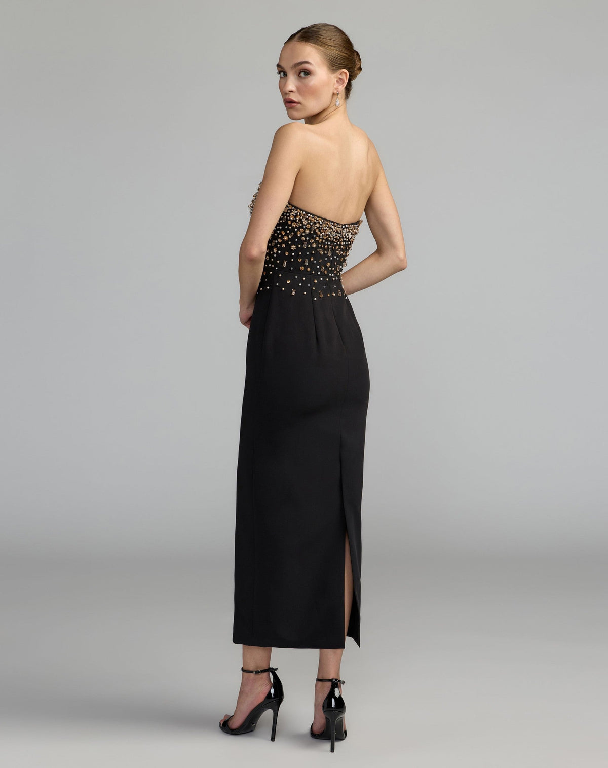 Black Beaded Strapless Crepe Midi Dress