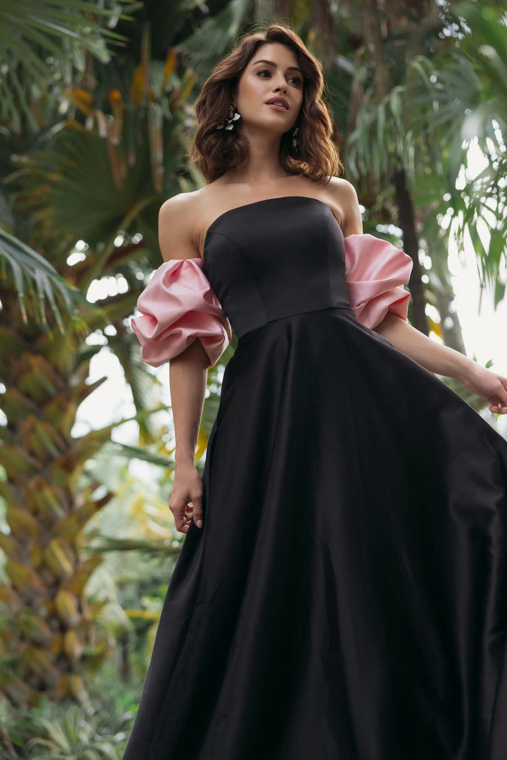 Black Satin Ball Gown With Colorblock Puff Sleeves