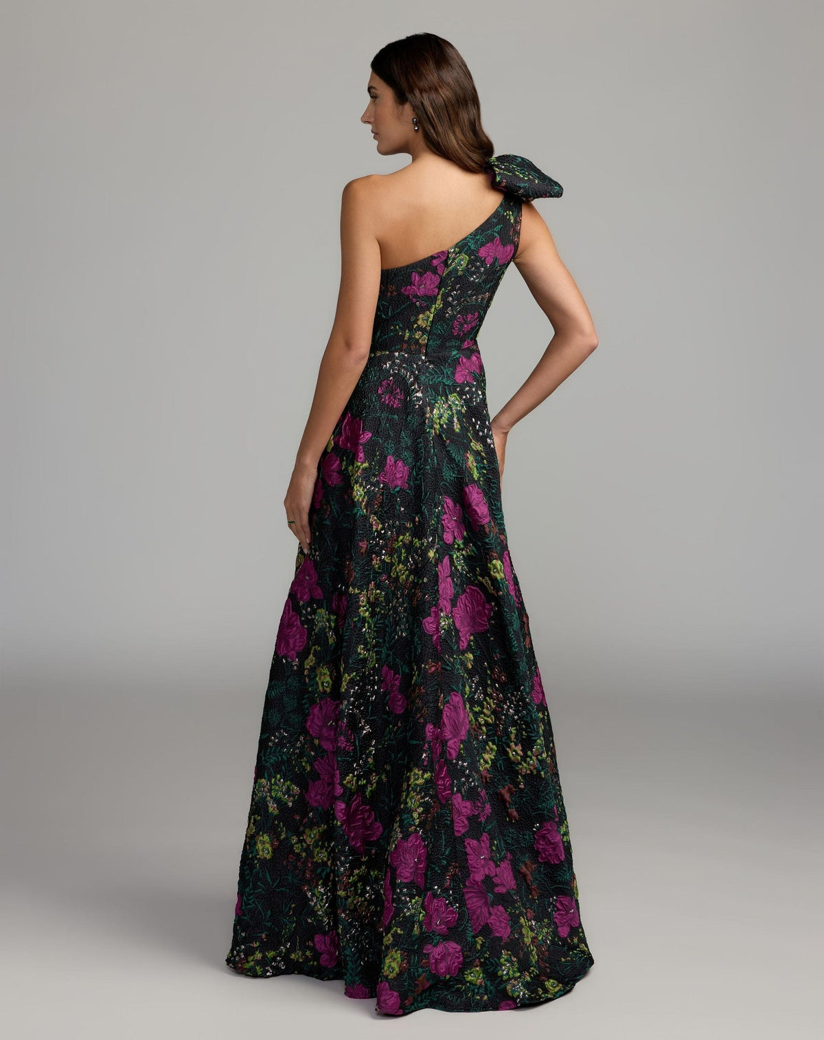 Black One Shoulder Brocade Floral Gown With Bow