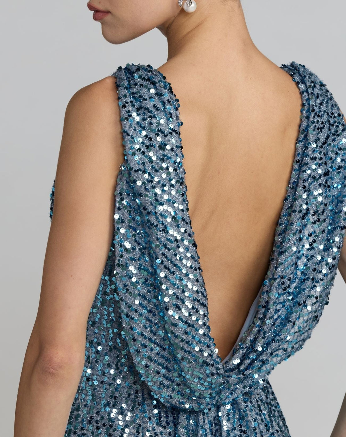 Fusion Blue Sleeveless Cowl Back Sequin Evening Gown