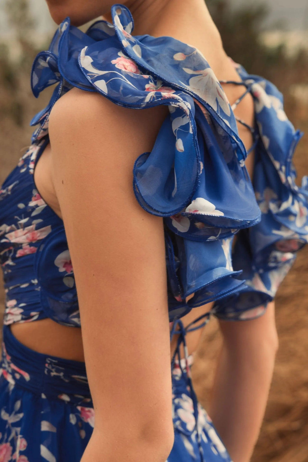 Blue Ruffle Tiered Floral Cut-Out Chiffon Gown