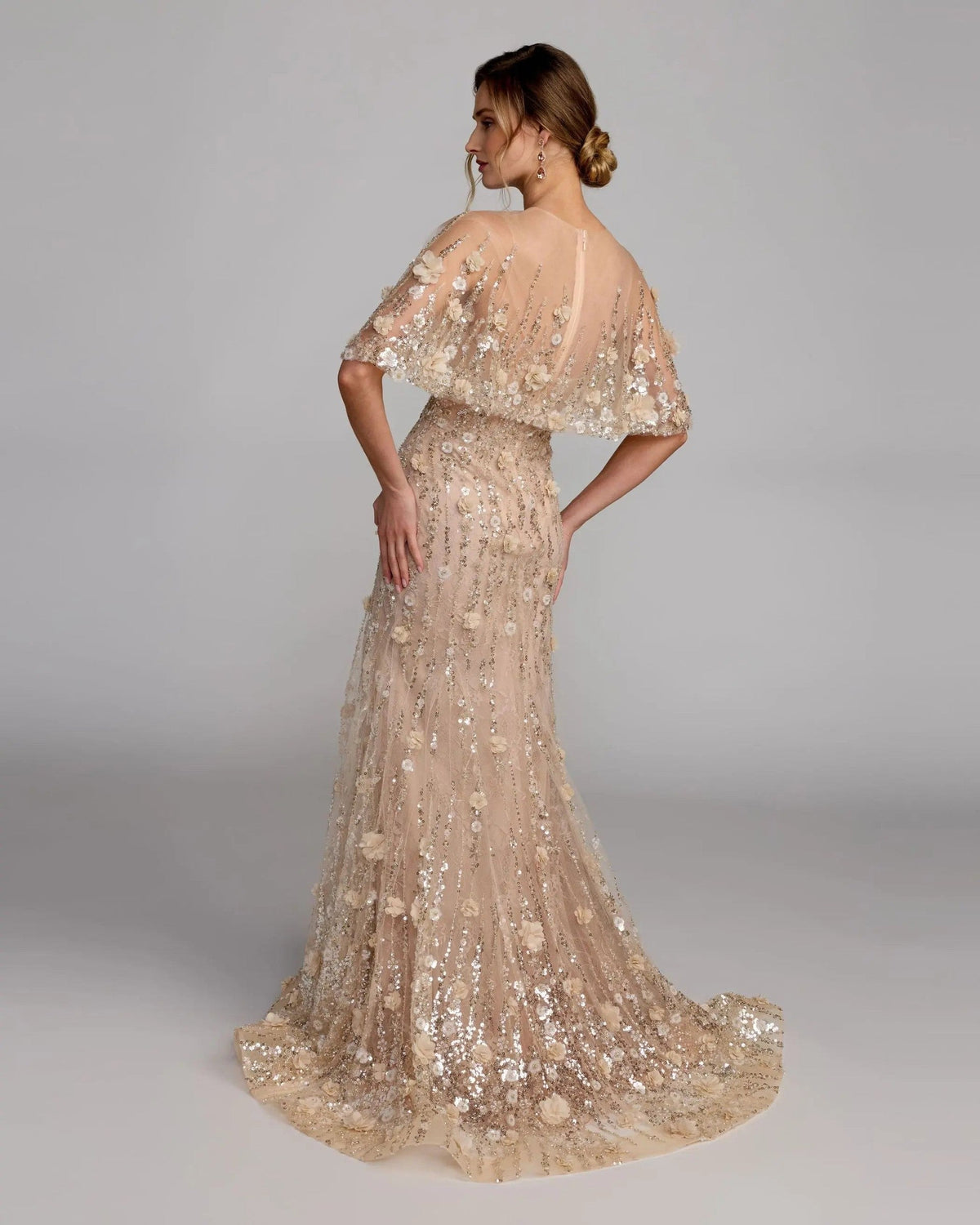 Almond Embellished Cape Sleeve Evening Gown