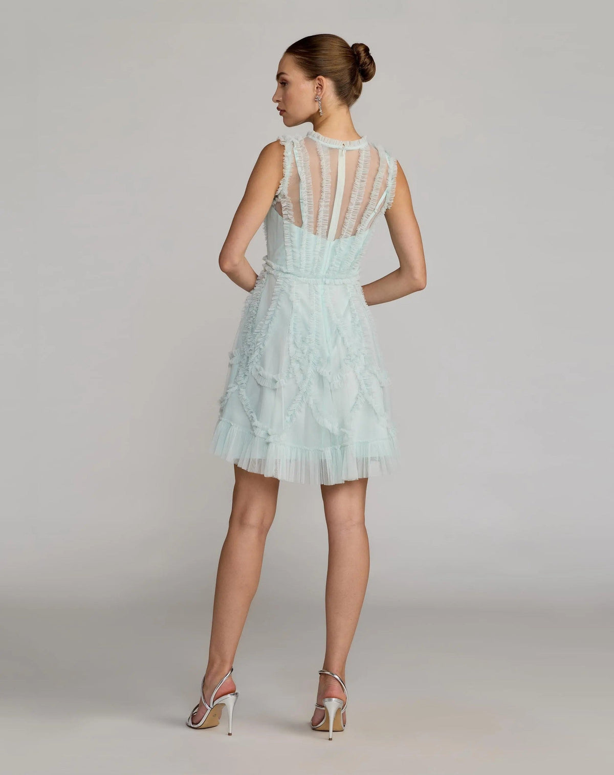 Aqua High Neck Sleeveless Micro Ruffle Mini Dress