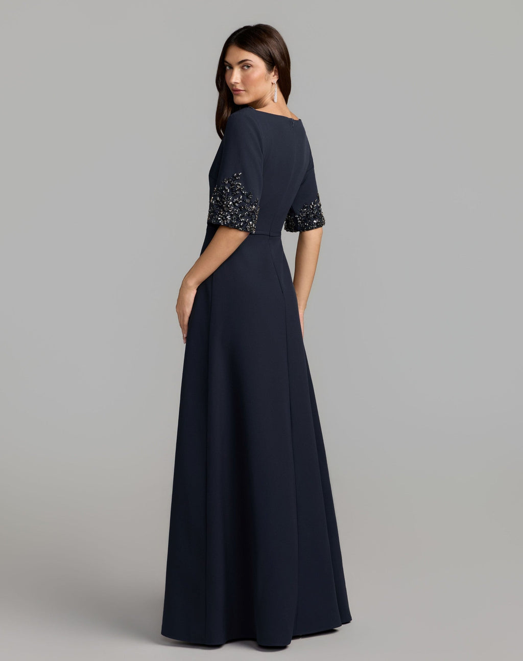 Midnight A-Line Crepe Gown With Beaded Sleeves