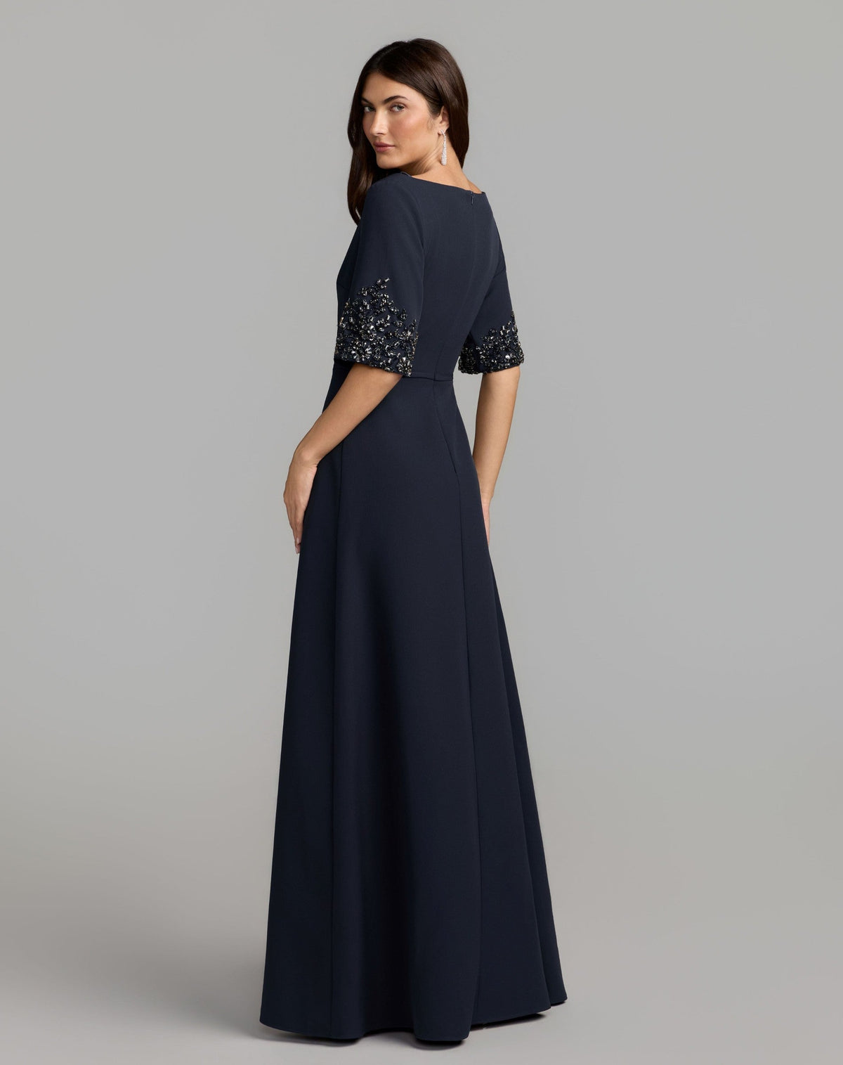 Midnight A-Line Crepe Gown With Beaded Sleeves