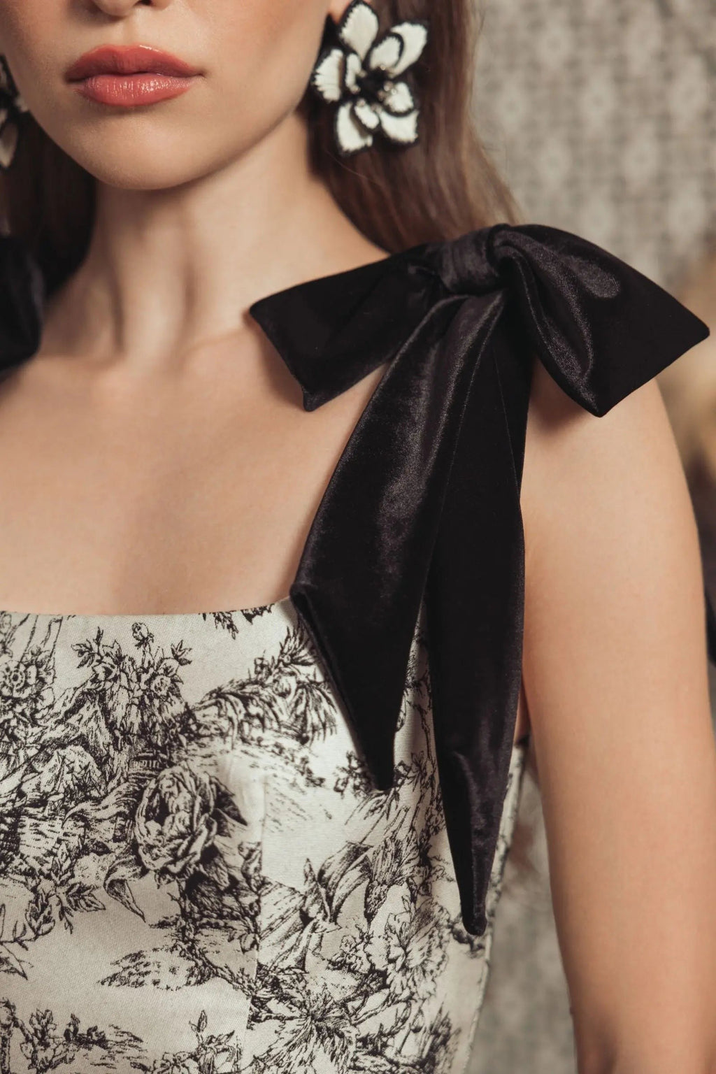 Black Ivory Printed A Line Midi Dress With Bow Straps