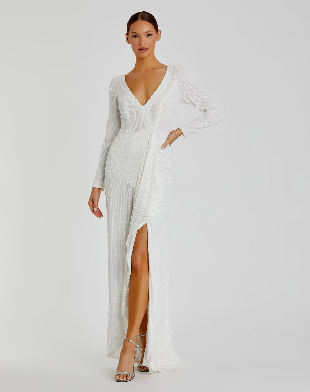 Faux Wrap Long Sleeve Sequin Gown