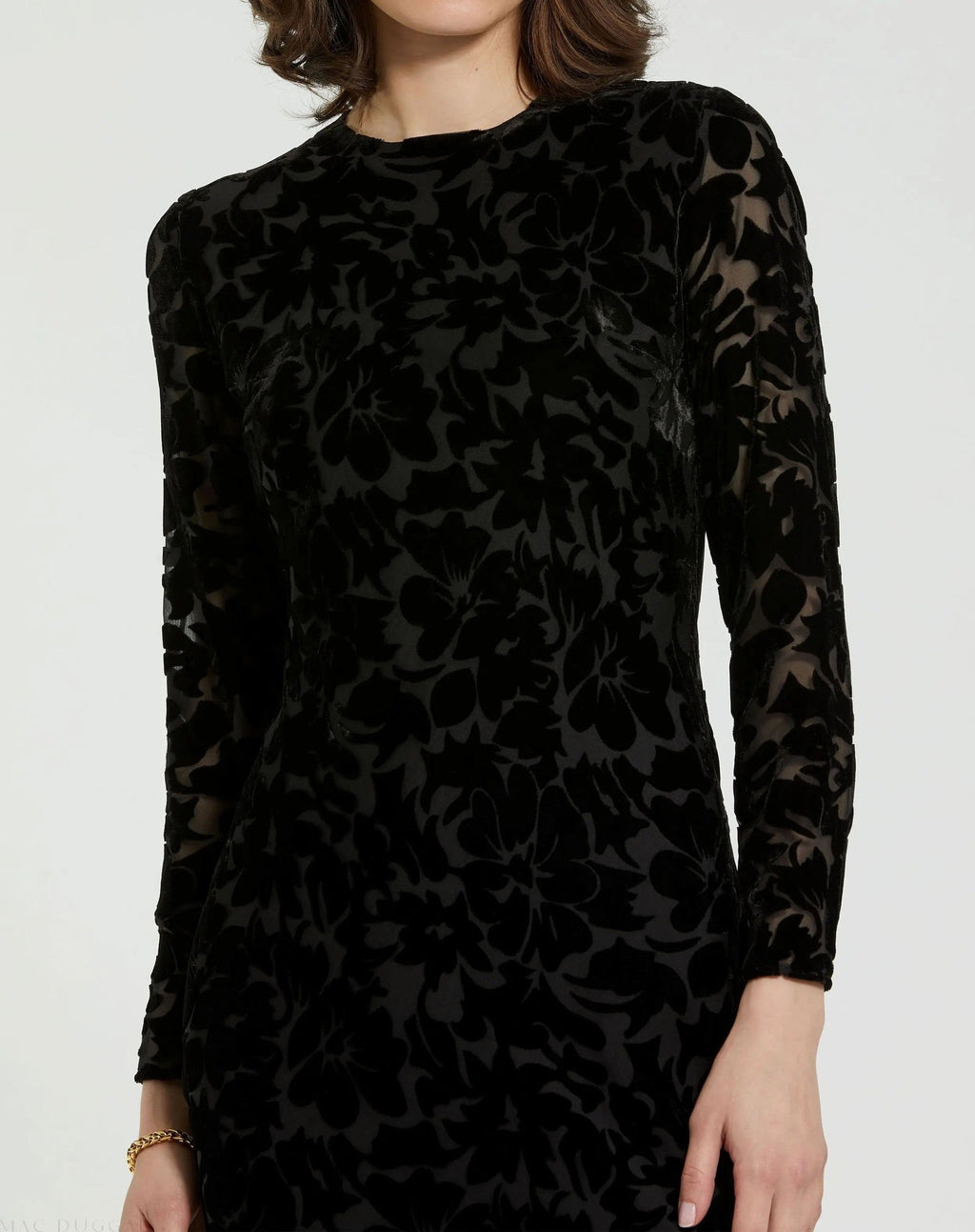 Black Burnout Velvet Long Sleeve Midi Dress