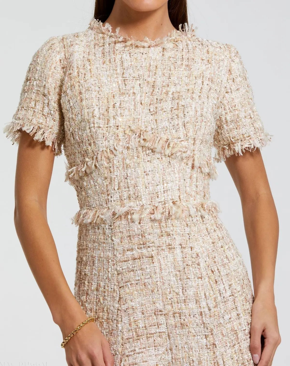 Beige Boucle Short Sleeve A Line Midi Dress