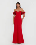 Red Crepe Off The Shoulder Gown With 3D Flowers
