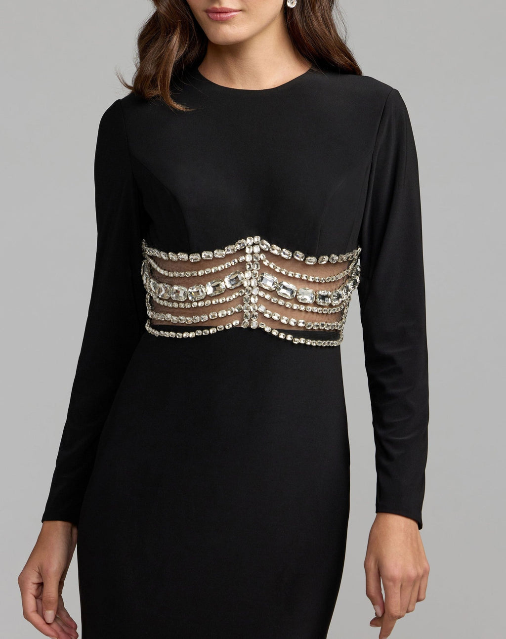 Black Long Sleeve Jersey Gown With Crystal Detail