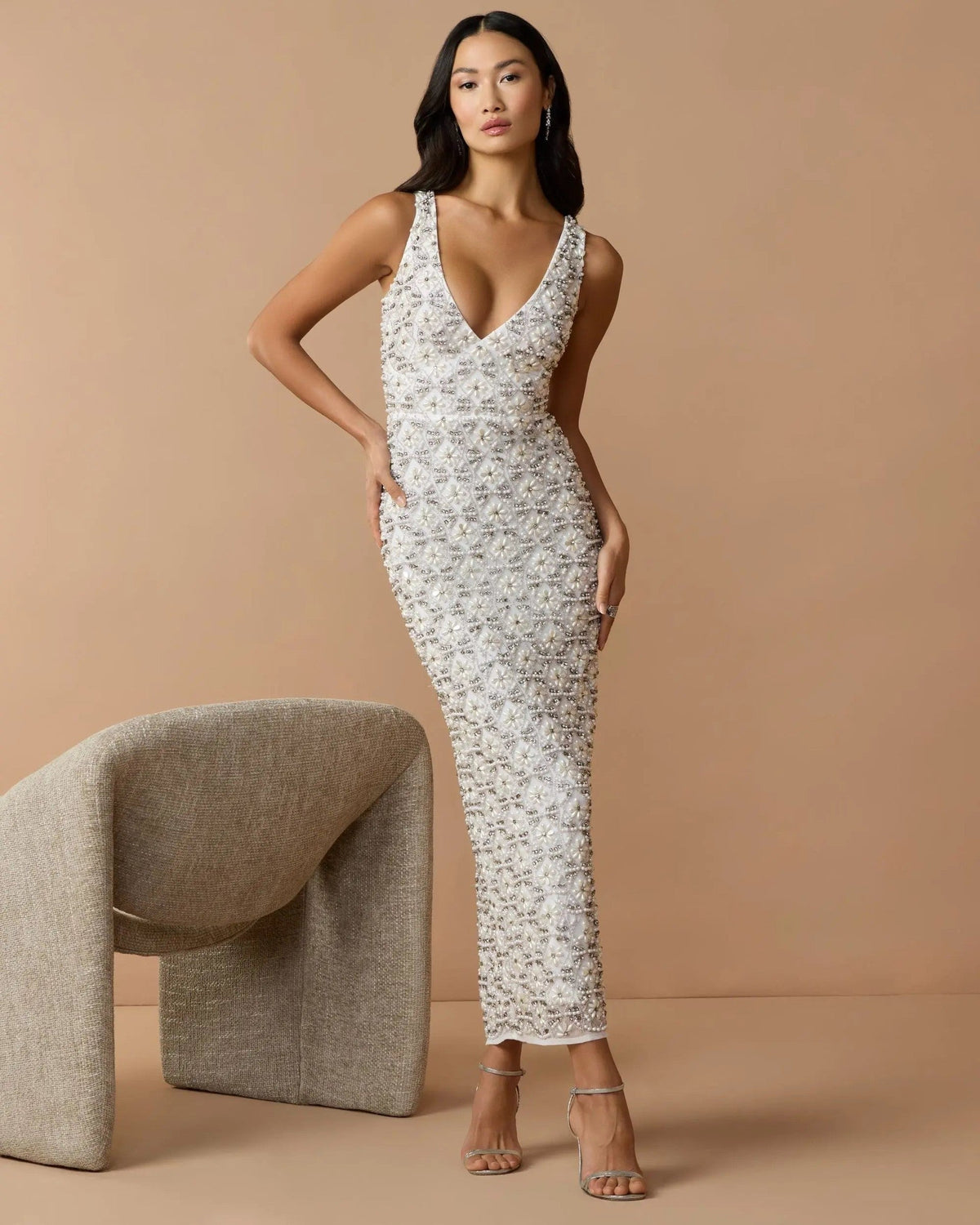 Ivory Pearl Embellished Sleeveless Column Dress