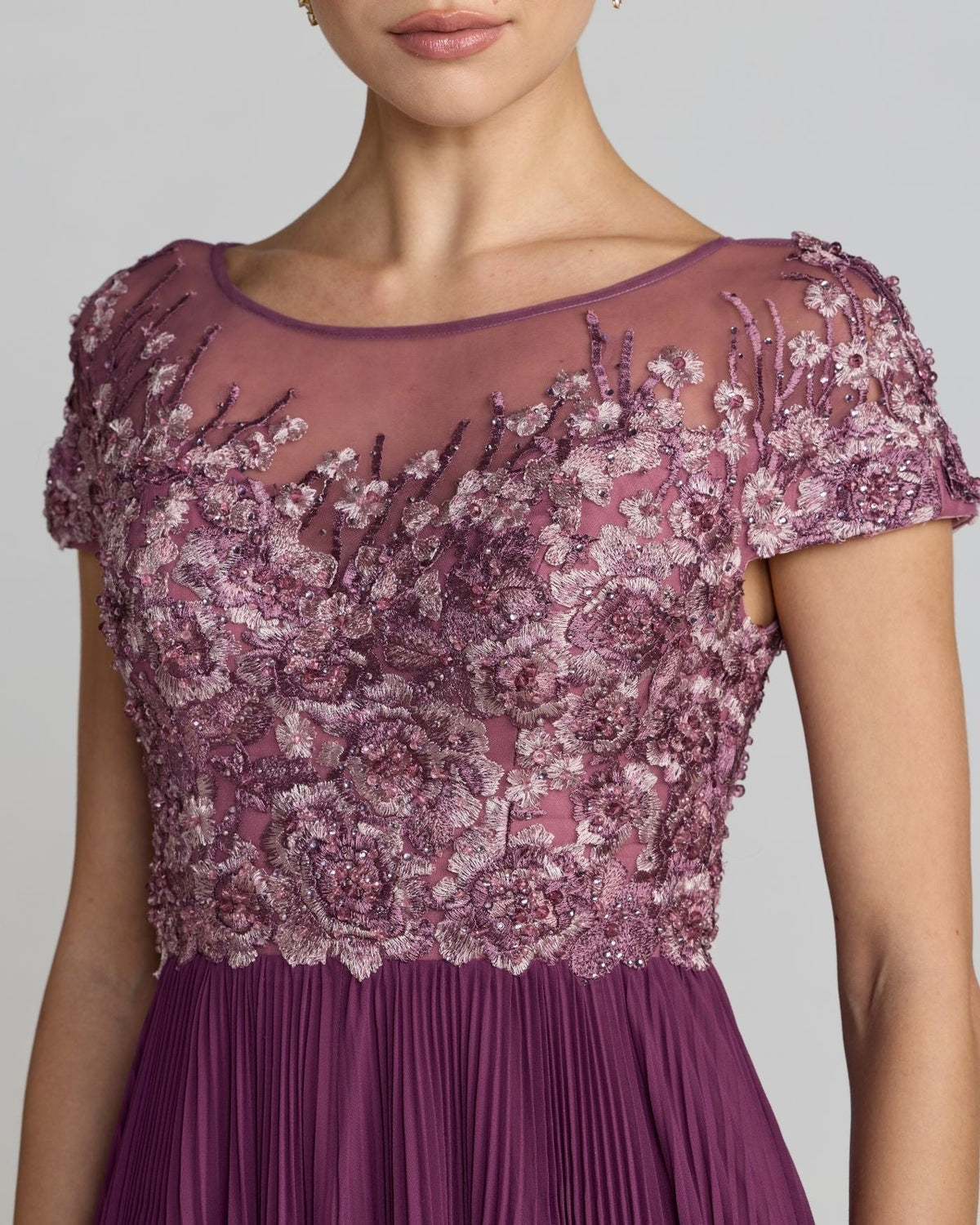 Petite Plum Embroidered Cap Sleeve Pleated Gown