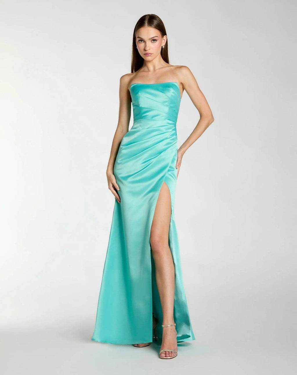Turquoise Strapless Satin Gown With Slit