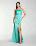 Turquoise Strapless Satin Gown With Slit