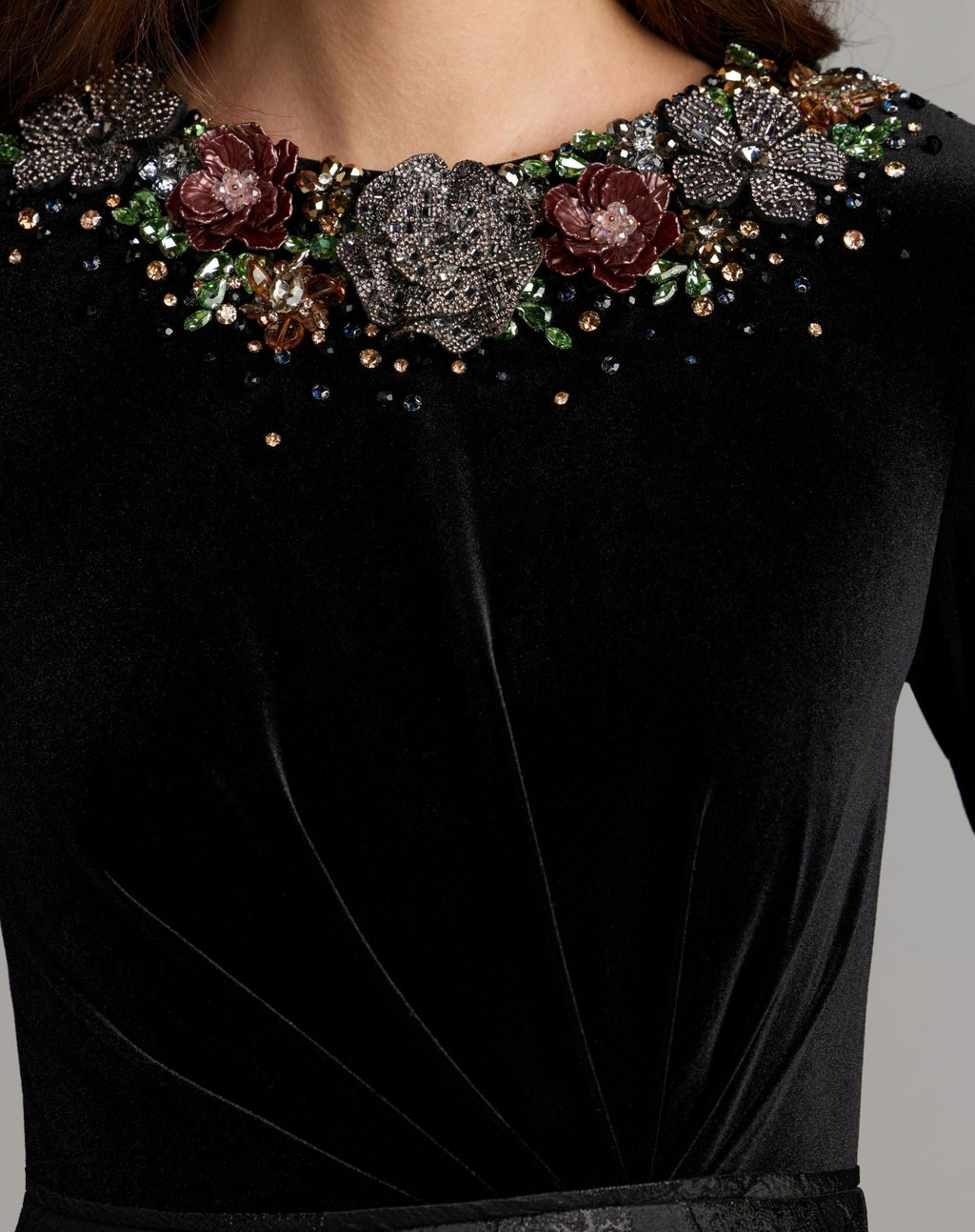 Black Multi Embellished Long Sleeve Brocade Ball Gown