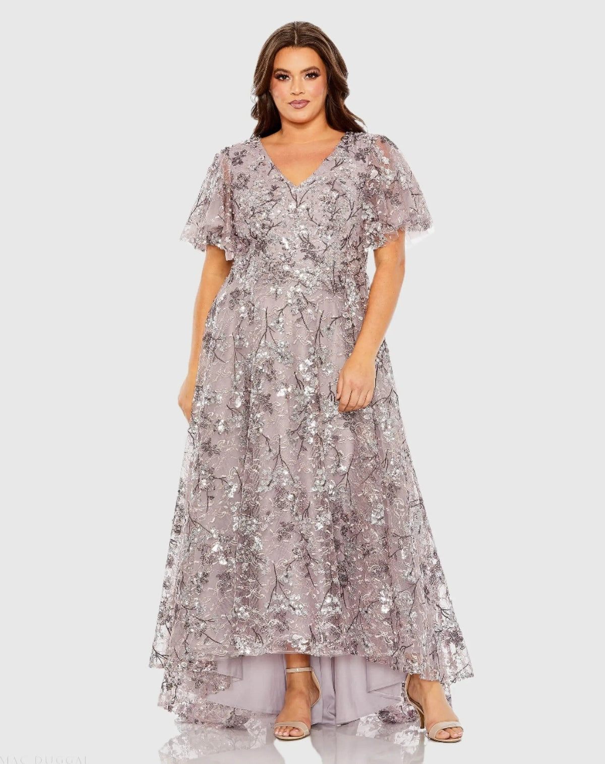 Purple V Neck Flutter Sleeve A Line Embellished Gown (Plus)