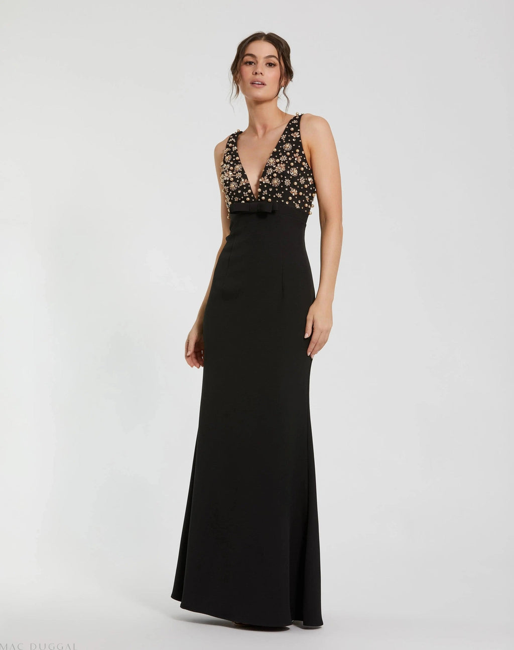 Black Embellished Deep V-Neck Crepe Gown With Bow