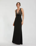Black Embellished Deep V-Neck Crepe Gown With Bow