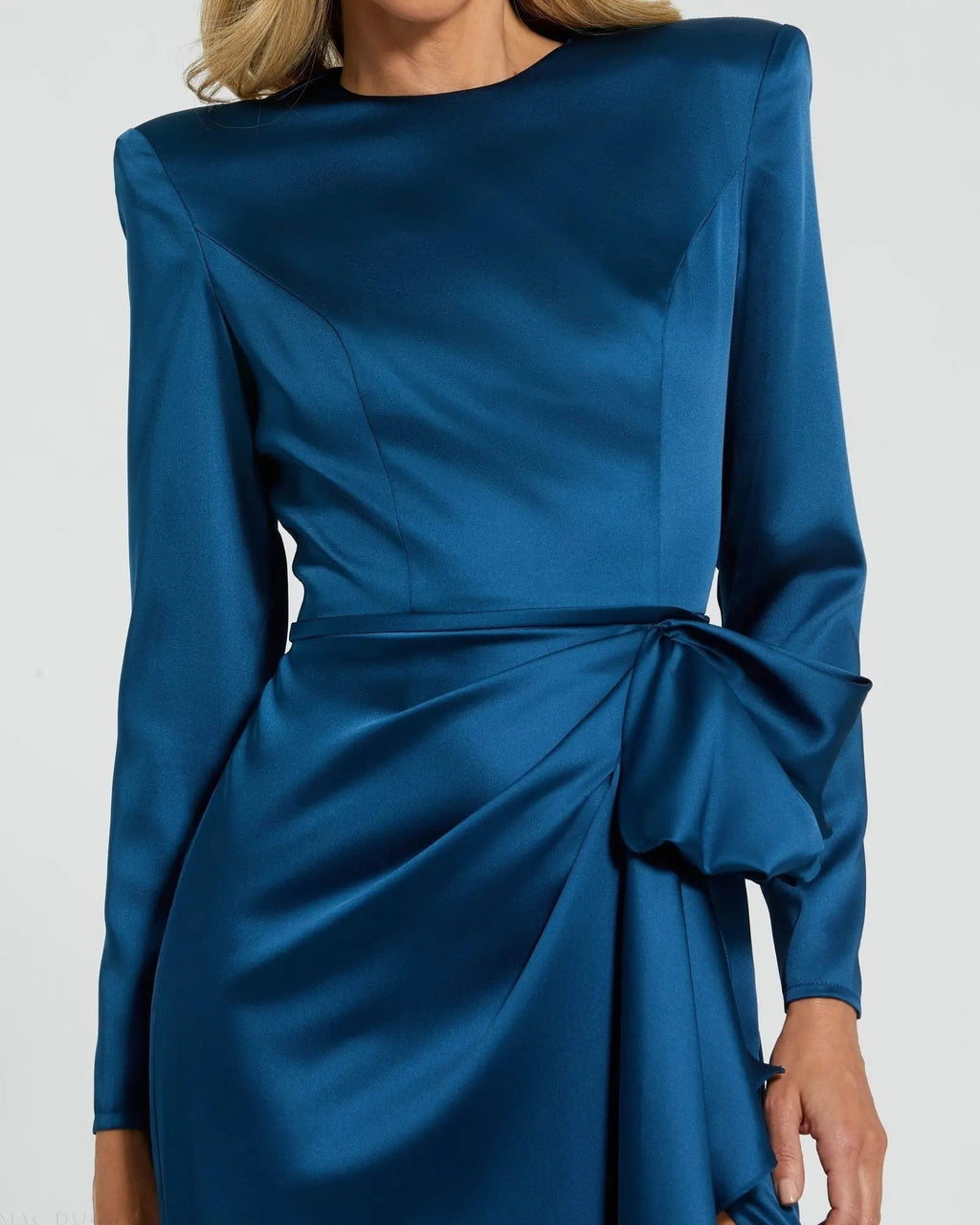 Blue Long Sleeve Satin Structured Bow Draped Column Gown