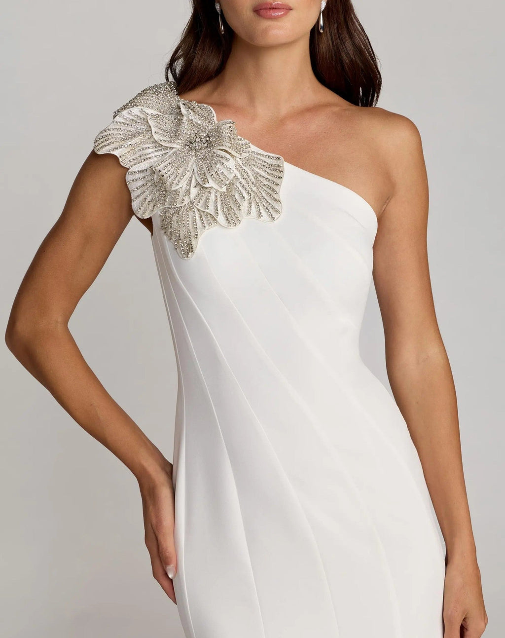 Ivory Crepe One Shoulder Midi Dress With 3D Flower
