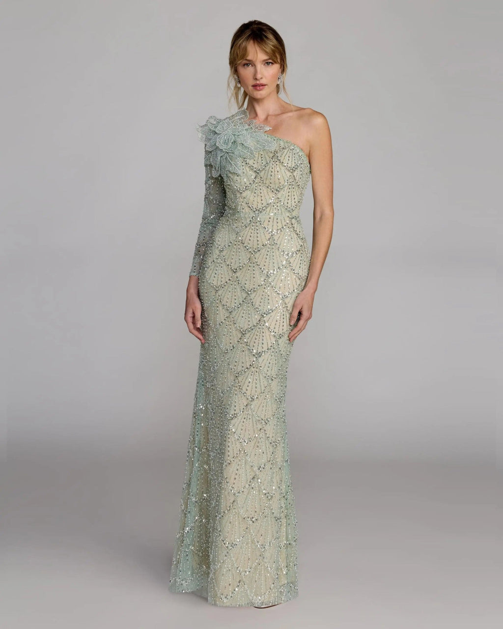 Seafoam One Shoulder Embellished Gown With Floral Accent