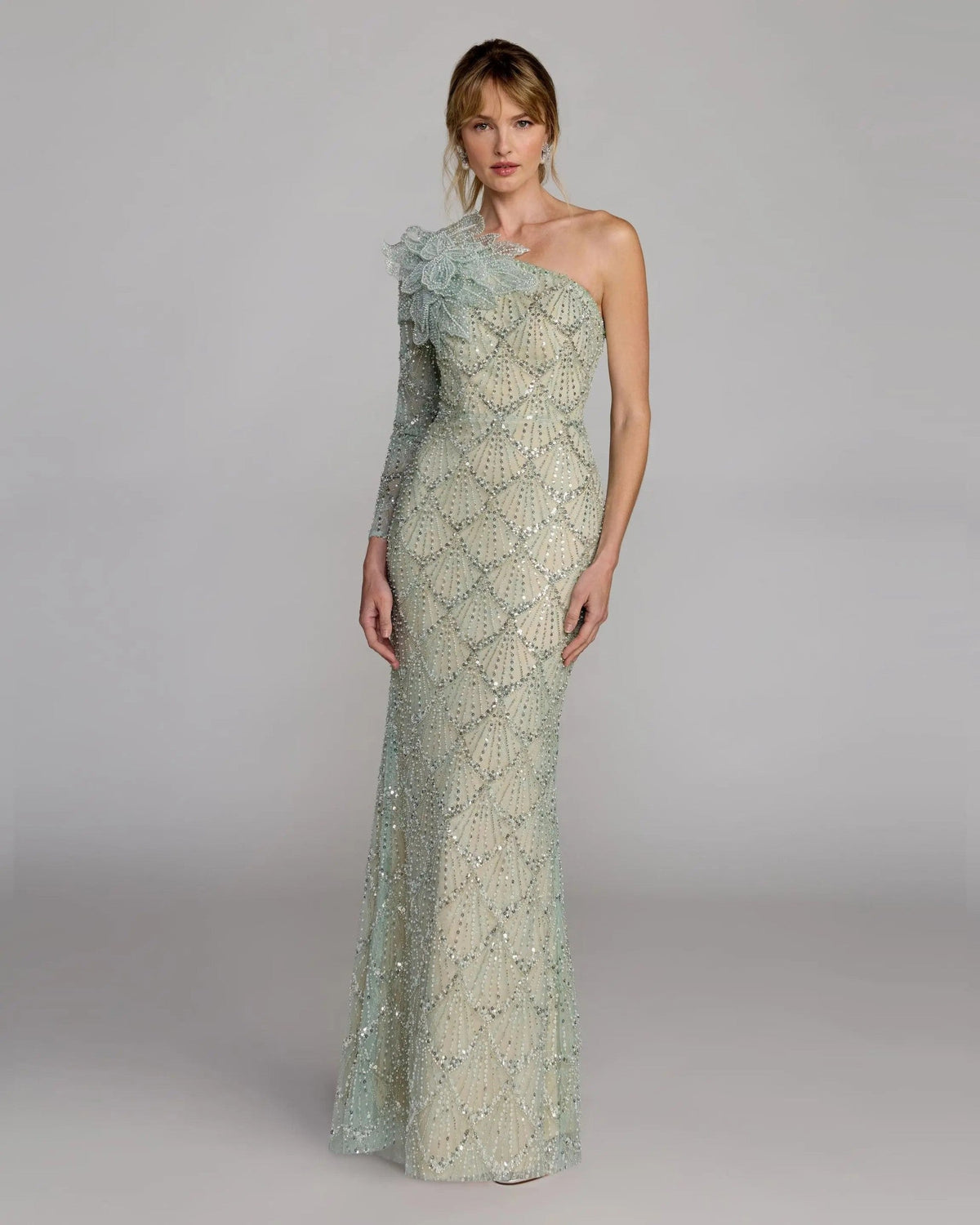 Seafoam One Shoulder Embellished Gown With Floral Accent