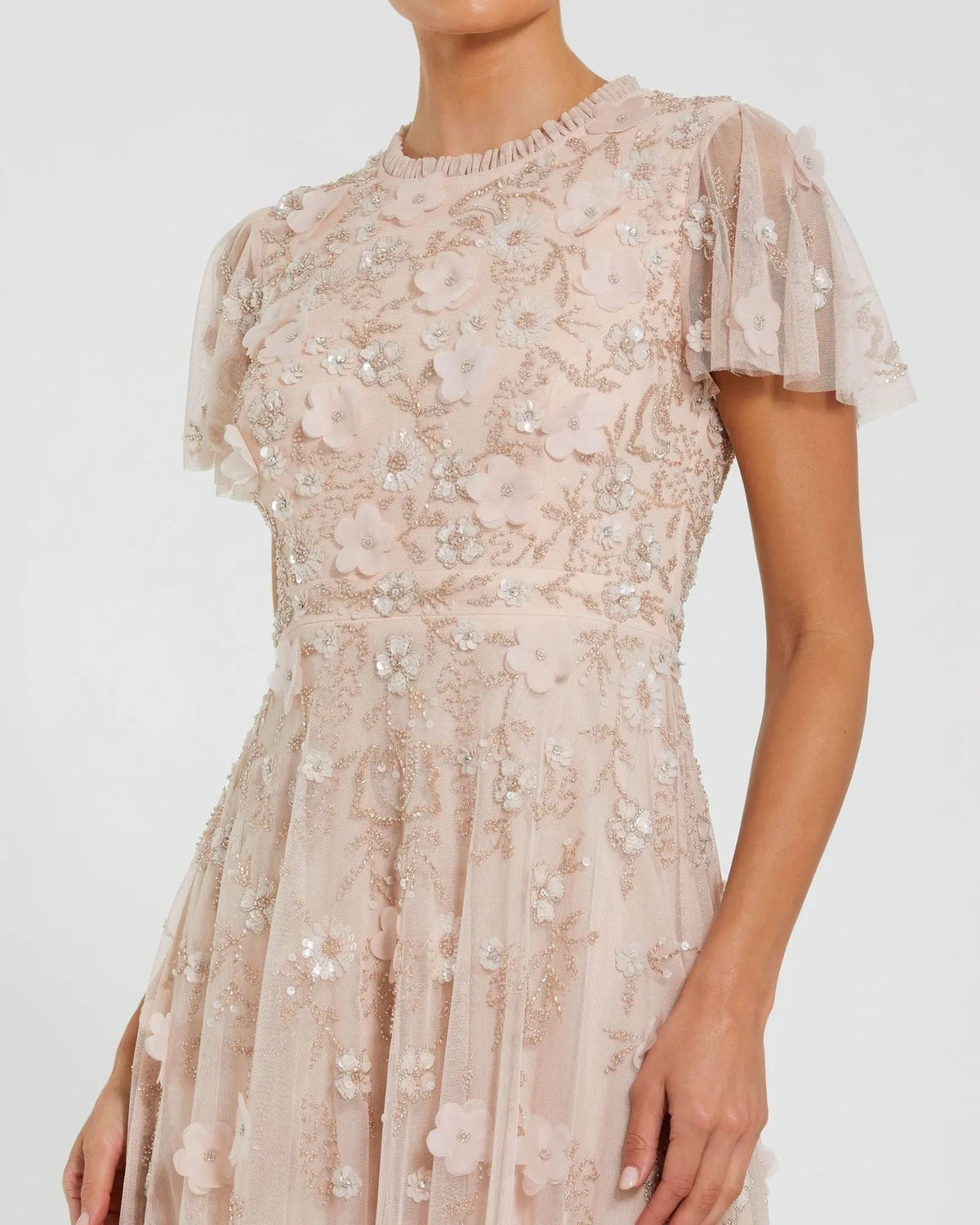 Blush Embellished High Neck Flutter Sleeve A Line Dress