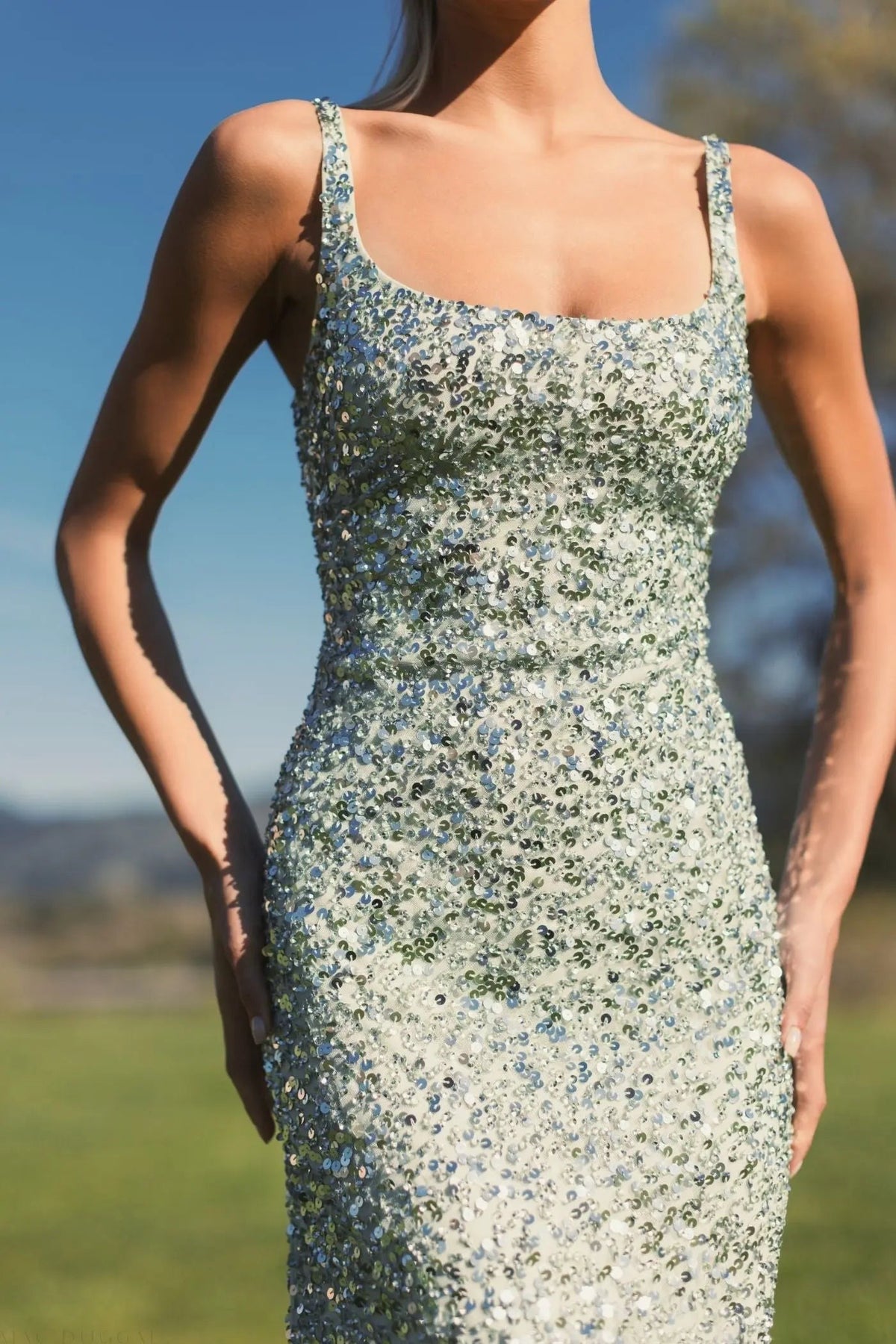 Green Sequined Low Back Slip Gown