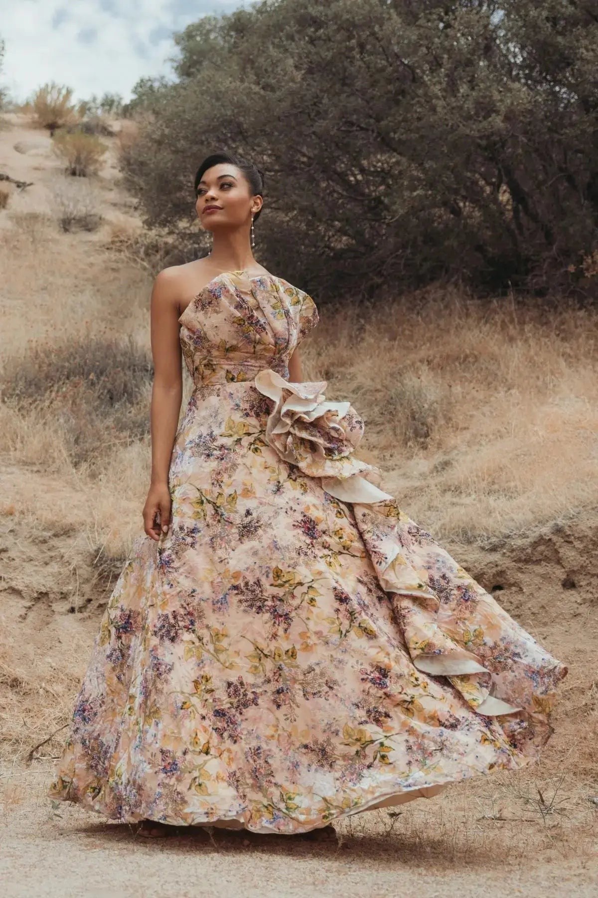 Blush Multi Strapless Floral Ball Gown With Ruffle Detail